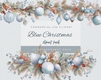 Stoffige blauwe kerst clipartbundel – vintage aquarel ornamenten en vakantieranden, retro elegante blauwe kerst png's, digitale download