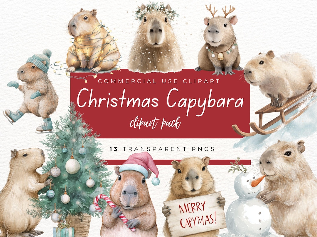 Christmas Capybara Clipart, Watercolor Capybara Pngs, Cute Holiday ...