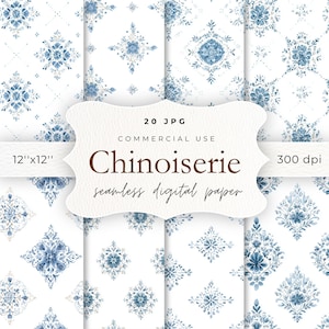 May include: A collection of seamless digital paper designs with a Chinoiserie theme. The patterns feature blue floral and geometric motifs on a white background. The image includes text that reads "20 JPG", "Commercial Use", "12"x12"", "300 dpi", and "Chinoiserie seamless digital paper".