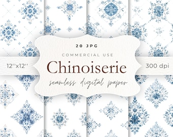 Watercolor Chinoiserie Seamless Digital Paper Pack, 20 Blue and White Patterns for Envelope Liners