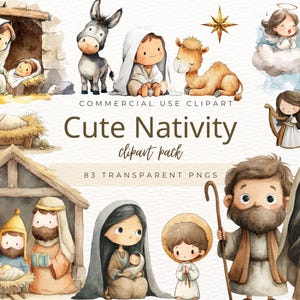 Può includere: Pacchetto di clipart ad acquerello con una graziosa scena della natività con Maria, Giuseppe, Gesù bambino, angeli e animali. L'immagine include una stella, un asino e un cammello. Il testo recita "Cute Nativity clipart pack" e "83 transparent PNGs".
