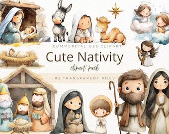 Cute Nativity Clipart Bundle, Kid's Watercolor Bible Stories, Christmas Nativity Scene, Baby Jesus Birth PNGs, Virgin Mary, Sunday School
