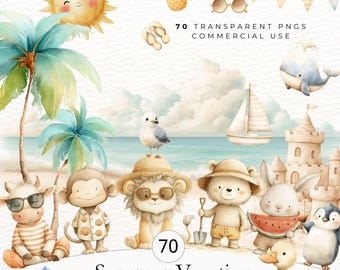Watercolor Summer Vacation Clipart, Beach Animals & Tropical PNGs for Summer Stationery and Kids Digital Download