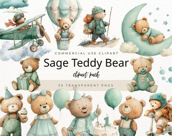 Sage Green Watercolor Teddy Bear Clipart Pack, Baby Shower Nursery Decor (Digital Download)