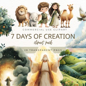 Peut inclure: Pack de cliparts aquarelle intitulé "7 Jours de la Création" avec 28 PNG transparents. L'image présente des illustrations d'animaux, de personnes et de paysages, dont un lion, un éléphant, un chameau, une colombe et les figures d'Adam et Ève. L'œuvre a une palette de couleurs douces et pastel.