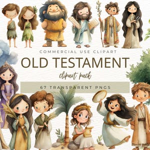 Puede incluir: Paquete de imágenes prediseñadas de acuarela con ilustraciones de personajes del Antiguo Testamento. La imagen incluye varias figuras con vestimenta tradicional, con el texto "OLD TESTAMENT clipart pack" y "67 TRANSPARENT PNGS". El estilo es caprichoso y colorido.