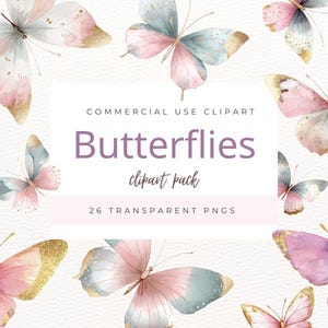 Aquarell Pastell Schmetterlinge Clipart Bundle, Blush rosa Schmetterling Wandkunst, lila & blaue Schmetterlinge, Gold Glitter, digitaler Download PNG