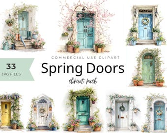 Watercolor Spring Doors Clipart Bundle, 33 Floral Door JPGs, Cottage Garden & Floral Entryway Illustrations, Commercial Use Digital Clip Art