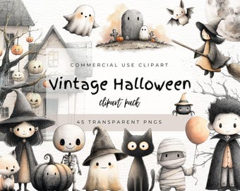 Vintage Halloween Clipart Bundle, Aquarell Boho Halloween Dekor, neutrale Pastell Halloween Clip Art, gruselige Vibes, Geist & schwarze Katze
