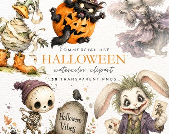 Cute Halloween Watercolor Clipart Bundle, 30 Spooky Animal PNGs for Sublimation Designs, Commercial Use