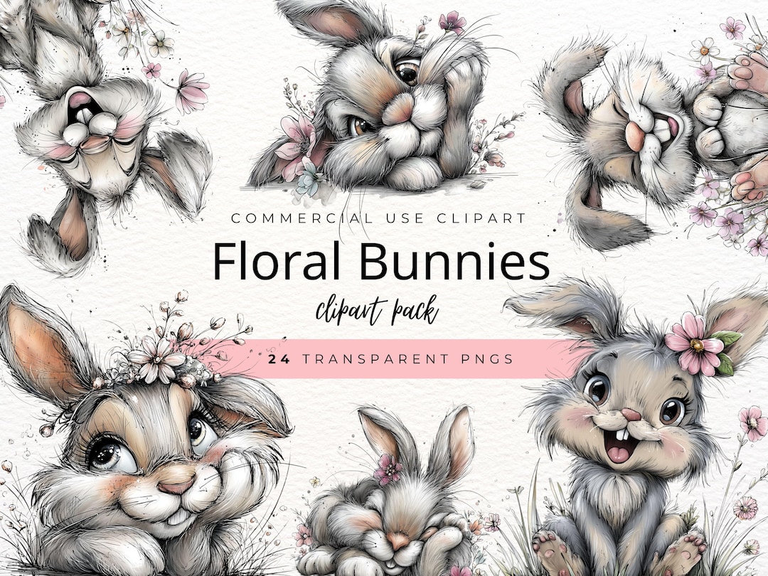 Floral Bunny Clipart, Cute Bunnies With Flowers, Easter Rabbit PNG ...
