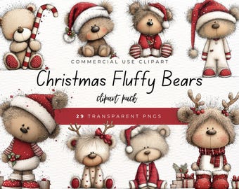 Puede incluir: Una colección de adorables ilustraciones de osos navideños. Los osos están representados en varias poses, con gorros de Papá Noel, cuernos de reno y atuendos festivos. La imagen incluye el texto "Christmas Fluffy Bears" y "Commercial Use Clipart".