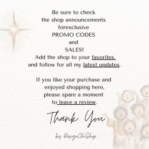 May include: A digital image with text that reads "Be sure to check the shop announcements for exclusive PROMO CODES and SALES!" and "Thank You". A star graphic is in the upper left corner. The image has a watercolor style.
