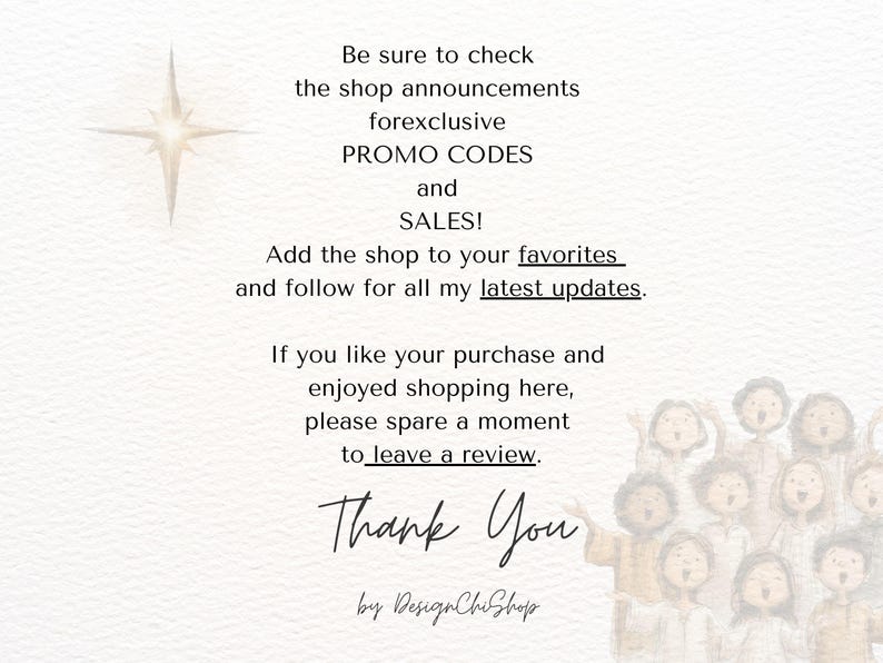 May include: A digital image with text that reads "Be sure to check the shop announcements for exclusive PROMO CODES and SALES!" and "Thank You". A star graphic is in the upper left corner. The image has a watercolor style.