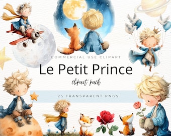 Ensemble de cliparts aquarelle Le Petit Prince, décoration de conte de fées, Prince et renard PNG, clipart thème enfant, art mural chambre d'enfant, Le Petit Prince