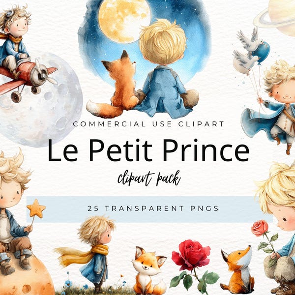 Kleiner Prinz Aquarell Clipart-Set, Märchen-Dekor, Prinz und Fuchs PNGs, Kinder-Thema Clip Art, Junge-Kinderzimmer-Wandkunst, Le Petit Prince
