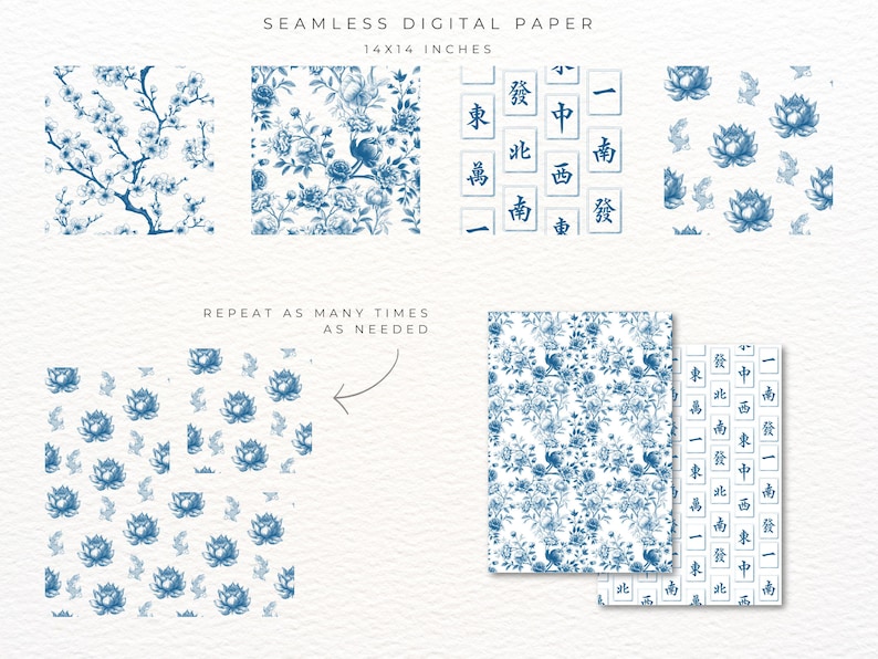 Pu&ograve; includere: Carta digitale blu e bianca con motivi floreali, fiori di loto e caratteri cinesi. La carta misura 35,56 cm x 35,56 cm ed &egrave; ripetibile. Adatta a vari progetti creativi.