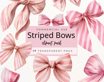 Watercolor Striped Bow Clipart, 17 Vintage Coquette Stripe Ribbon PNGs for Preppy Stationery & Crafts