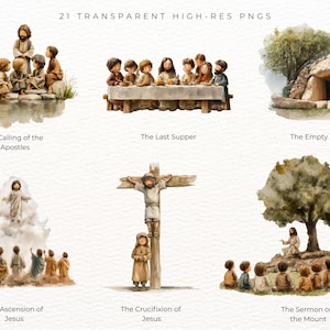 May include: A collection of watercolour illustrations of biblical scenes, such as "The Calling of the Apostles," "The Last Supper," and "The Empty Tomb." Other scenes include "The Ascension of Jesus," "The Crucifixion of Jesus," and "The Sermon on the Mount." The text at the top reads "21 TRANSPARENT HIGH-RES PNGS."