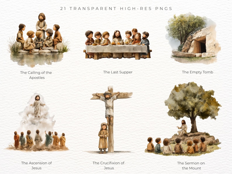 May include: A collection of watercolour illustrations of biblical scenes, such as "The Calling of the Apostles," "The Last Supper," and "The Empty Tomb." Other scenes include "The Ascension of Jesus," "The Crucifixion of Jesus," and "The Sermon on the Mount." The text at the top reads "21 TRANSPARENT HIGH-RES PNGS."
