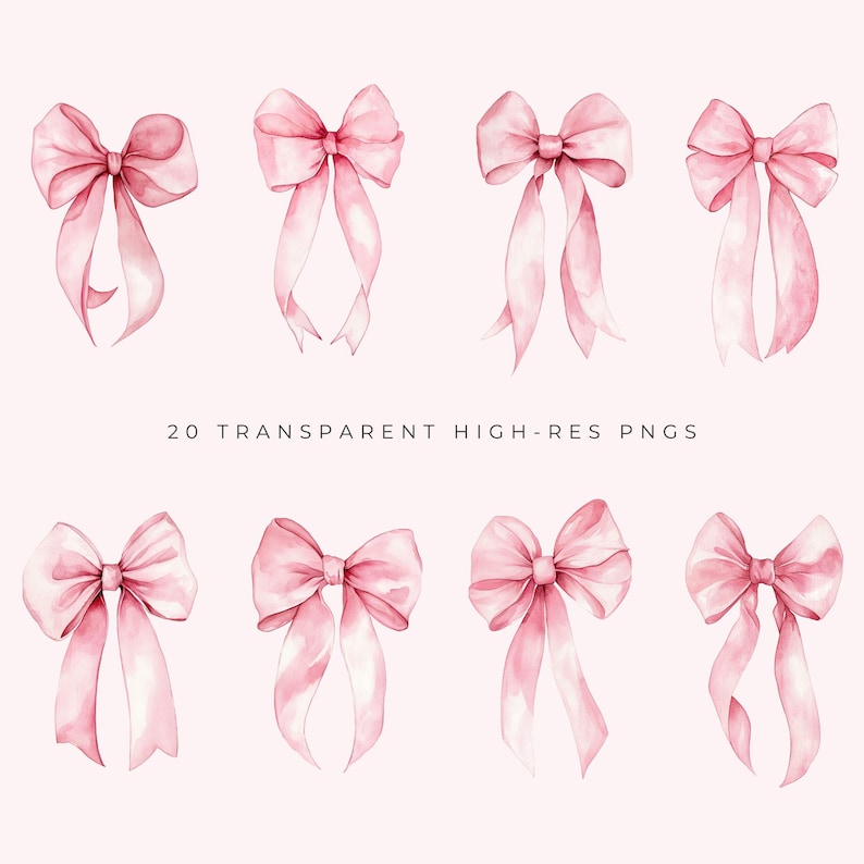 Clipart de lazo rosa, gráficos de lazo de acuarela rosa, lazo rosa pastel suave PNG digital, clip art de lazo de acuarela, descarga instantánea imagen 2