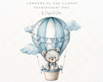 Watercolor Teddy Bear PNG Clipart, New Baby Boy Nursery, Beary First Birthday, Blue Hot Air Balloon Decor, Commercial Use, Instant Download