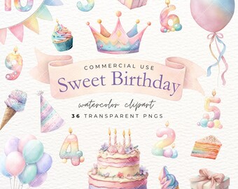 Sweet Birthday Watercolor Clipart, 36 Candyland Theme Party PNGs, Number Candles for Birthday Decor