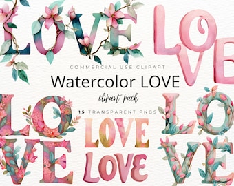 Watercolor Love Clipart Bundle, Floral Love Letters PNG, Pastel Pink Word Art, Commercial Use