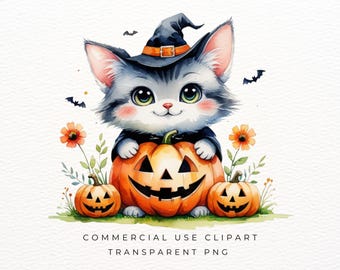Könnte beinhalten: Aquarellillustration einer grauen Katze mit Hexenhut, die einen geschnitzten orangefarbenen Kürbis hält. Zwei kleinere Kürbisse und orangefarbene Blumen flankieren die Katze. Schwarze Fledermäuse sind um das Bild verstreut. Text: "COMMERCIAL USE CLIPART TRANSPARENT PNG".