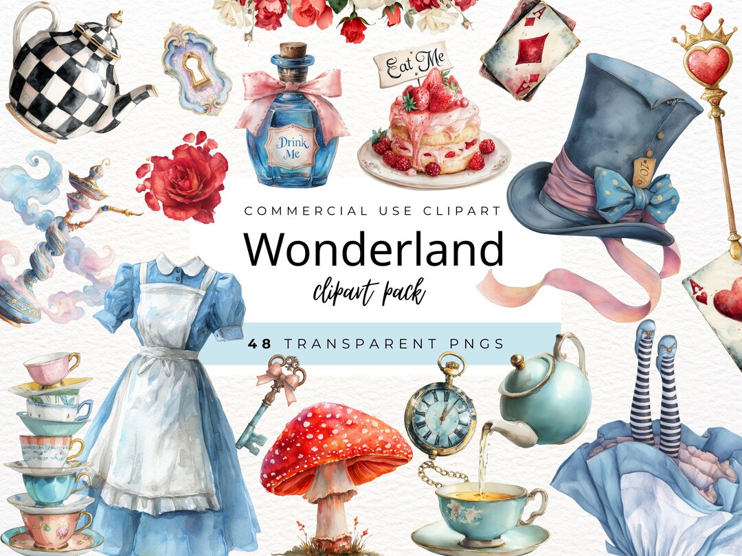 Alice in Wonderland Watercolor Clipart – 48 Pngs – Storybook Fantasy ...