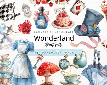 Clipart acquerello di Alice nel paese delle meraviglie - 48 PNG - Decorazioni fantasy da libro di fiabe, effimere da festa del tè, Cappellaio matto, Bianconiglio, download digitale