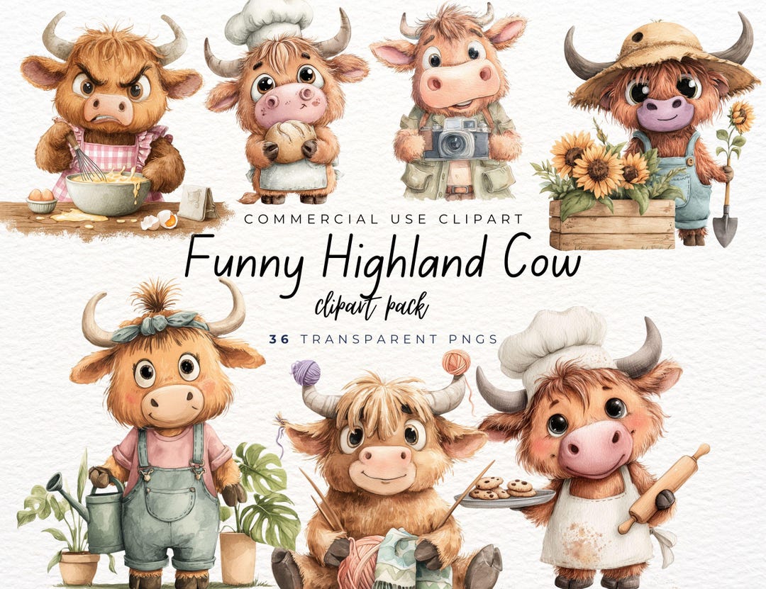 Funny Highland Cow Clipart Bundle, Baking, Knitting & Gardening PNG ...