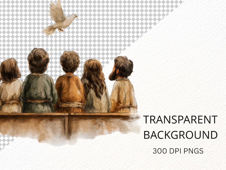 May include: A watercolour illustration depicts six figures seated on a wooden bench, seen from behind, with a white dove above. The image includes the text "TRANSPARENT BACKGROUND" and "300 DPI PNGS".