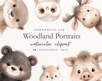 Watercolor Woodland Portraits Clipart, 18 PNG Baby Forest Animals for Boho Nursery & Baby Shower