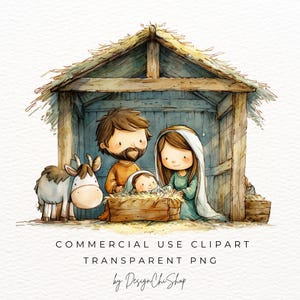 May include: Watercolor illustration of a nativity scene. The image depicts a family with a baby in a manger, a donkey, and a rustic wooden shelter. The text "COMMERCIAL USE CLIPART TRANSPARENT PNG by DesignChiShop" is at the bottom.