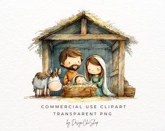 Cute Nativity Scene Clipart, Watercolor Bible Stories, Christmas Holy Family PNG, Mary, Joseph, Baby Jesus in The Stable, Digital Download