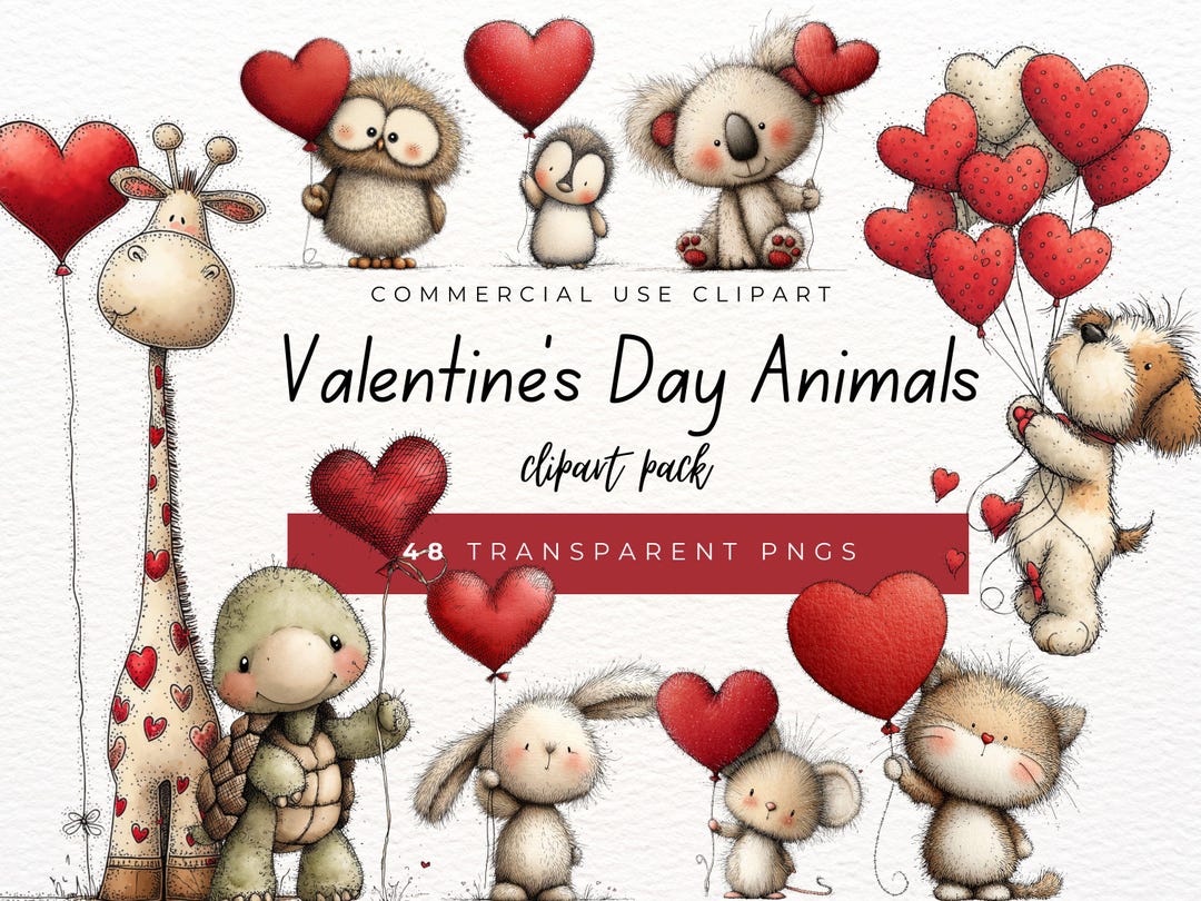 Valentine Animals Clipart, Valentine's Day Pngs, 48 Whimsical Graphics