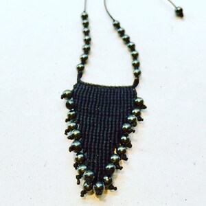 Macrame jewelry, macrame necklace, boho necklace, beaded macrame, beaded jewelry, hematite jewelry, semi precious macrame jewelry