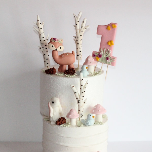 Fondant Woodland Cake Decoration Birch Trees Bunny Deer Owl Girly Colors