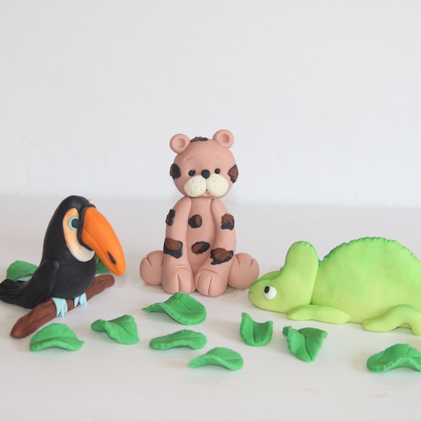 Fondant Rainforest Animals or Safari Animals Cake Toppers Toucan Chameleon Alligator Elephant Lion Zebra Hippo Monkey Giraffe Tiger