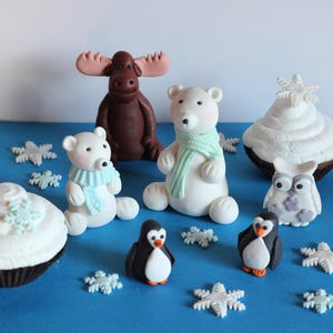 Fondant Arctic Animals Penguins Fox Bear Owl Baby Shower Birthday Cake Decoration