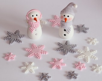 Fondant Snowman and Snowflakes Set Winter Wonderland Cake Decoration Baby Shower Birthday Cake Decoration