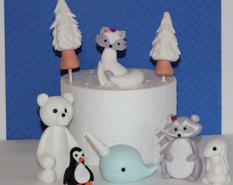 Fondant Winter Animals Penguins Fox Narwhal Bear Pine Trees