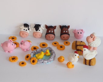 Fondant Farm Animals Cake Decoration Cow Donkey Sheep chicken Pig Frogs Flowers Barn Baby Shower Birthday Cake Decoration