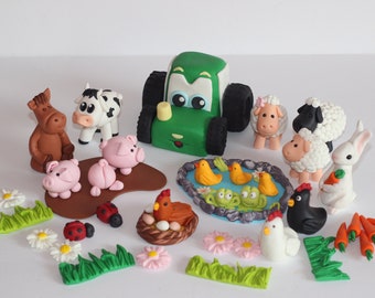 Fondant Farm Cake Decoration Tractor Cow Donkey Sheep Chicken Pig Frogs Flowers Barn Baby Shower Birthday Cake Decoration