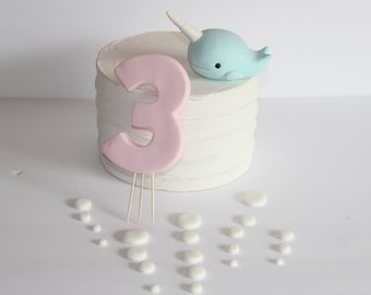 Fondant Narwhal Age Number and Bubbles Cake Topper