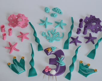 Fondant Under The Sea Cake Topper Decoration Large Age Number Topper for Girls Purple Teal Pink