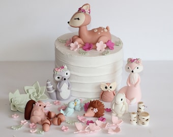 Fondant Large Deer Woodland Cake Decoration Sleeping Fox Bunny Deer Owl Hedgehog Tepee Girly Colors