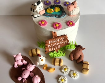 Fondant Farm Animals Cake Decoration Cow Donkey Sheep chicken Pig puddle Flowers Barn Baby Shower Birthday Cake Decoration