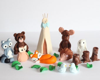 Fondant Woodland Cake Toppers Fondant Tepee Fondant Moose Fox Bear Raton laveur